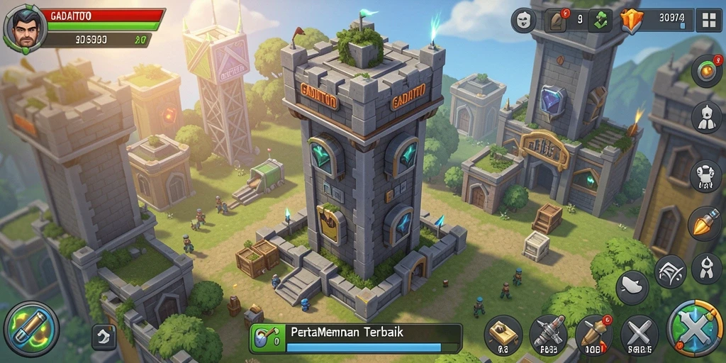 Screenshot utama GADAITOTO menampilkan pertempuran Tower Defense yang intens.