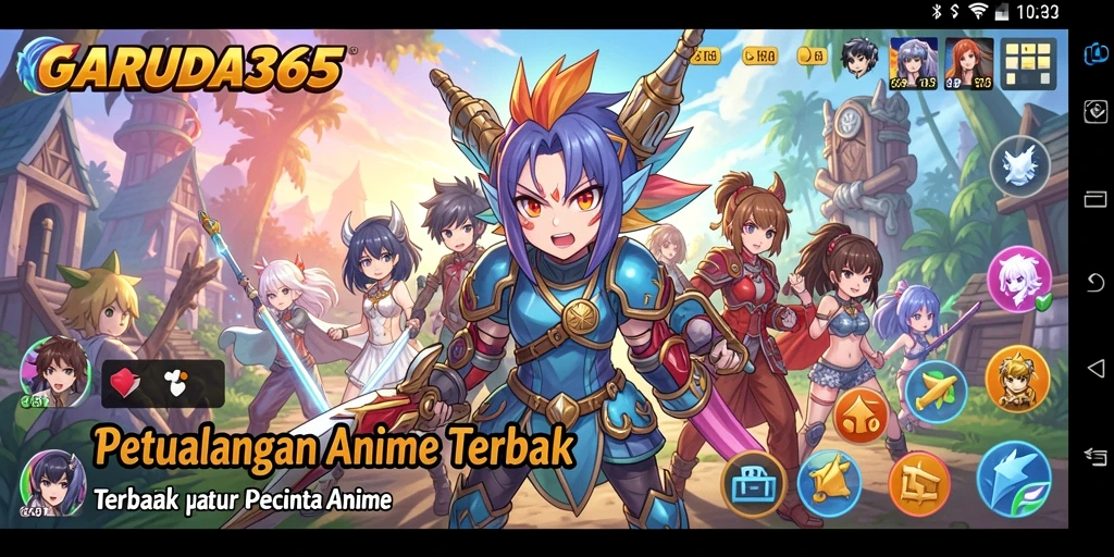 Screenshot GARUDA365 memperlihatkan pertempuran karakter anime yang dinamis dan penuh warna.