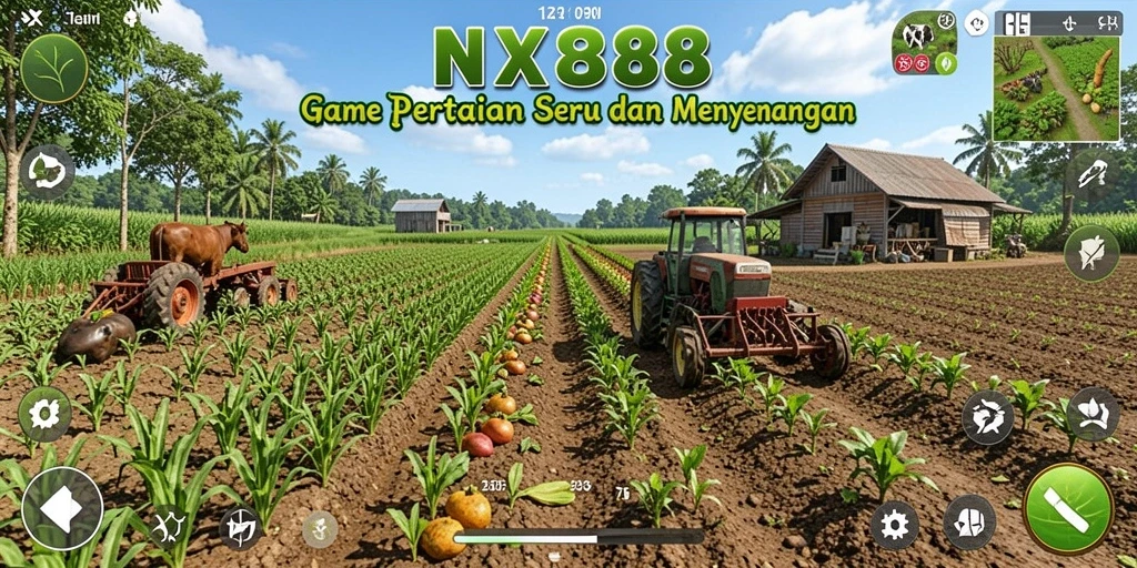Tangkapan layar gameplay <strong>NX888</strong> menampilkan lahan pertanian yang luas dan indah.
