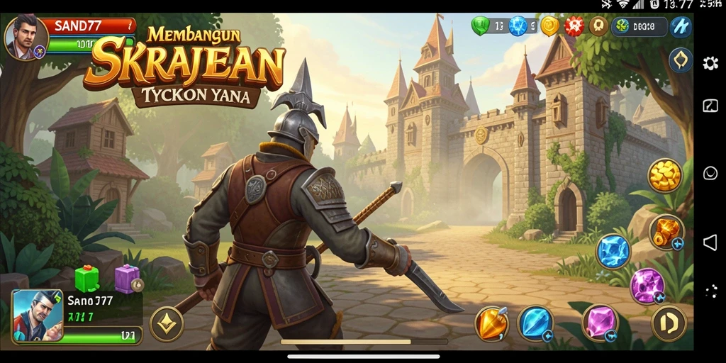 Screenshot utama gameplay SAND77 menampilkan aksi membangun kerajaan Tycoon.
